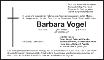 Traueranzeige von Barbara Vogel von Pegnitz-Zeitung
